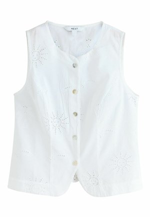 Ärmellose weiße Bluse mit Knöpfen vorne und V-Ausschnitt, verziert mit Sonnen- und Blumenlöchern und einem leicht geschwungenen Saum.