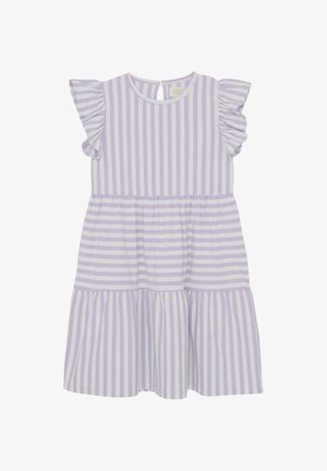 Lila- und weiß gestreiftes Kleid mit Rüschensäumen; mit tailliertem Bund und gestuftem Rock; hinten mit einem Schlitzverschluss.