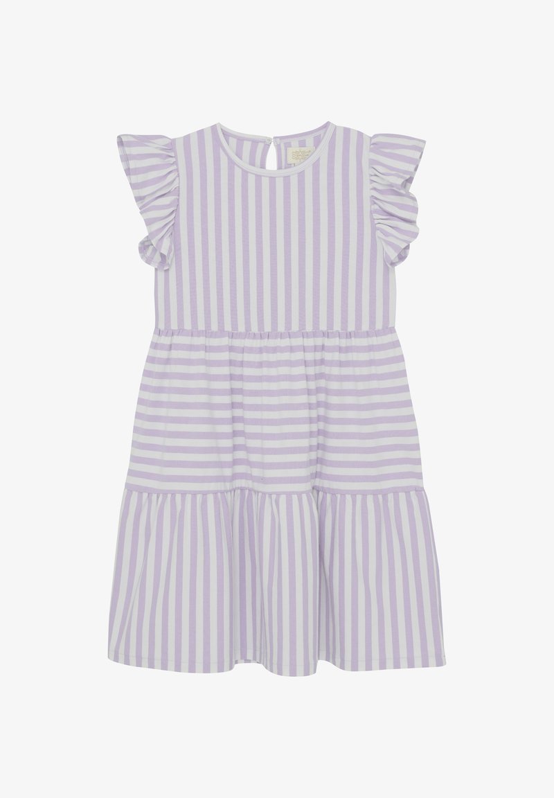 Lavender and white striped dress with ruffle sleeves; features a cinched waist and tiered skirt; rear keyhole opening for fastening.