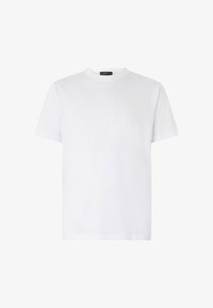 T-shirt in cotone bianco con collo rotondo, maniche corte e un logo ricamato discreto sul petto. Texture liscia, vestibilità standard.