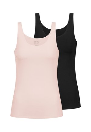 Two tank tops, one in light pink and one in black. Both feature a fitted design with wide shoulder straps and a smooth, stretchy fabric.