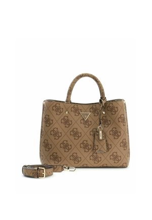 Sac à main marron Guess avec motif monogramme, doubles poignées, bandoulière amovible et plaque logo métallique triangulaire à l'avant.