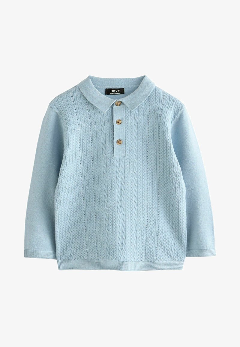 Lichtblauwe gebreide trui met een polo kraag, voorzien van een textuur kabelontwerp en drie houten knopen bij de hals. Lange mouwen.