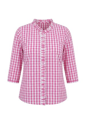 Ulla Popken, CHECKED RUFFLE TRIM 3/4 SLEEVE BUTTON-DOWN SHIRT - Bluse - summer berry
