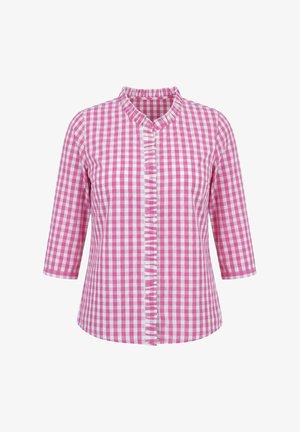 Ulla Popken, CHECKED RUFFLE TRIM 3/4 SLEEVE BUTTON-DOWN SHIRT - Bluse - summer berry