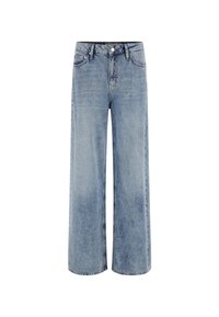 Jeans de mezclilla de corte wide-leg en color azul claro, con una cintura alta, cierre de botón, cinco bolsillos y una textura desgastada.
