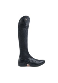 Black knee-high riding boot with textured knit upper, reinforced toe, and a rose gold accent on the heel.
