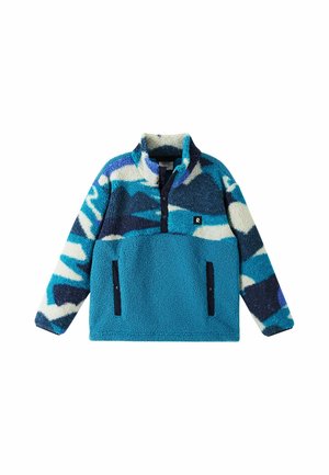 Blau-weiß gemusterter Fleecepullover mit hohem Kragen, geknöpftem Frontverschluss, zwei Seitentaschen und strukturierter weicher Stoff.