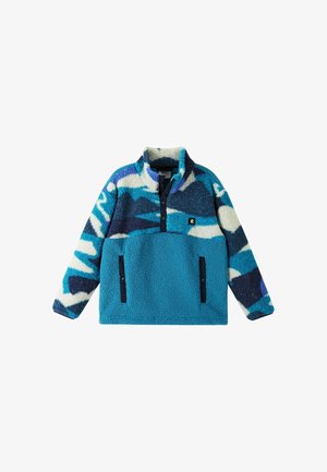 Blau-weiß gemusterter Fleecepullover mit hohem Kragen, geknöpftem Frontverschluss, zwei Seitentaschen und strukturierter weicher Stoff.
