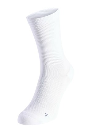 Weißer, athletischer Socke bis zur Mitte der Wade mit geripptem Bündchen und strukturiertem Mittelfußbereich vor einem schlichten weißen Hintergrund.