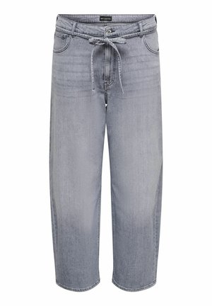 Pantalon en denim gris clair coupé, avec poches avant, fermeture bouton et cordon de serrage, et détails subtilement délavés.