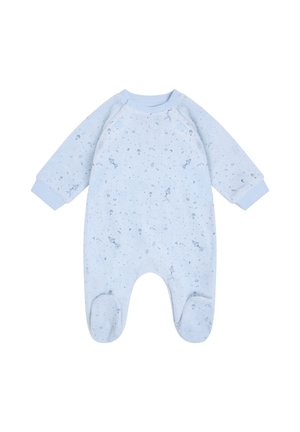 Tutina celeste chiaro per neonato con piedini, maniche lunghe e motivo sottile di stelle e lune.
