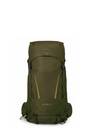 Sac à dos de randonnée Osprey Kestrel 38 vert olive avec des sangles de compression latérales doubles et des lignes d'accent jaunes sur le panneau avant.