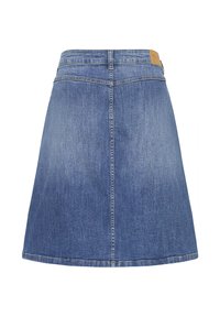 Blauwe jeans A-lijn rok met zichtbare stiksels, riemlussen en een klein tan leerachtig plaatje op de tailleband aan de achterkant.