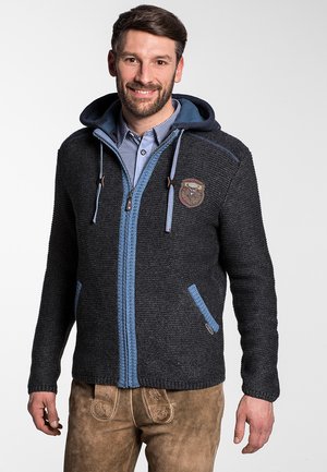 Veste tricotée gris foncé pour homme avec une capuche bleue et une fermeture éclair, ornée d'accents bleus, d'un écusson sur la poitrine et de deux poches avant.