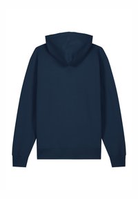 Marineblauer Kapuzenpullover mit langen Ärmeln, einer Kängurutasche und gerippten Bündchen und Saum. Glatte Textur, keine sichtbaren Logos oder Muster.