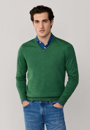 Jonge man die een groene V-hals trui draagt over een blauw overhemd met knopen en een blauwe spijkerbroek, staand met handen in de zakken tegen een neutrale achtergrond.