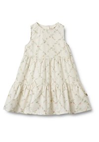 Robe blanche avec un motif floral rose et vert, sans manches, avec des volants en cascade à l'ourlet et un col rond.