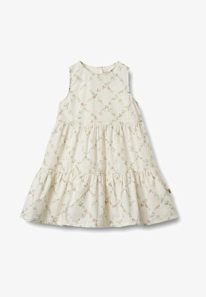 Weißes Kleid mit einem floralen Muster in Pink und Grün, ärmelloses Design, gestufte Rüschensäume am Saum und runder Ausschnitt.