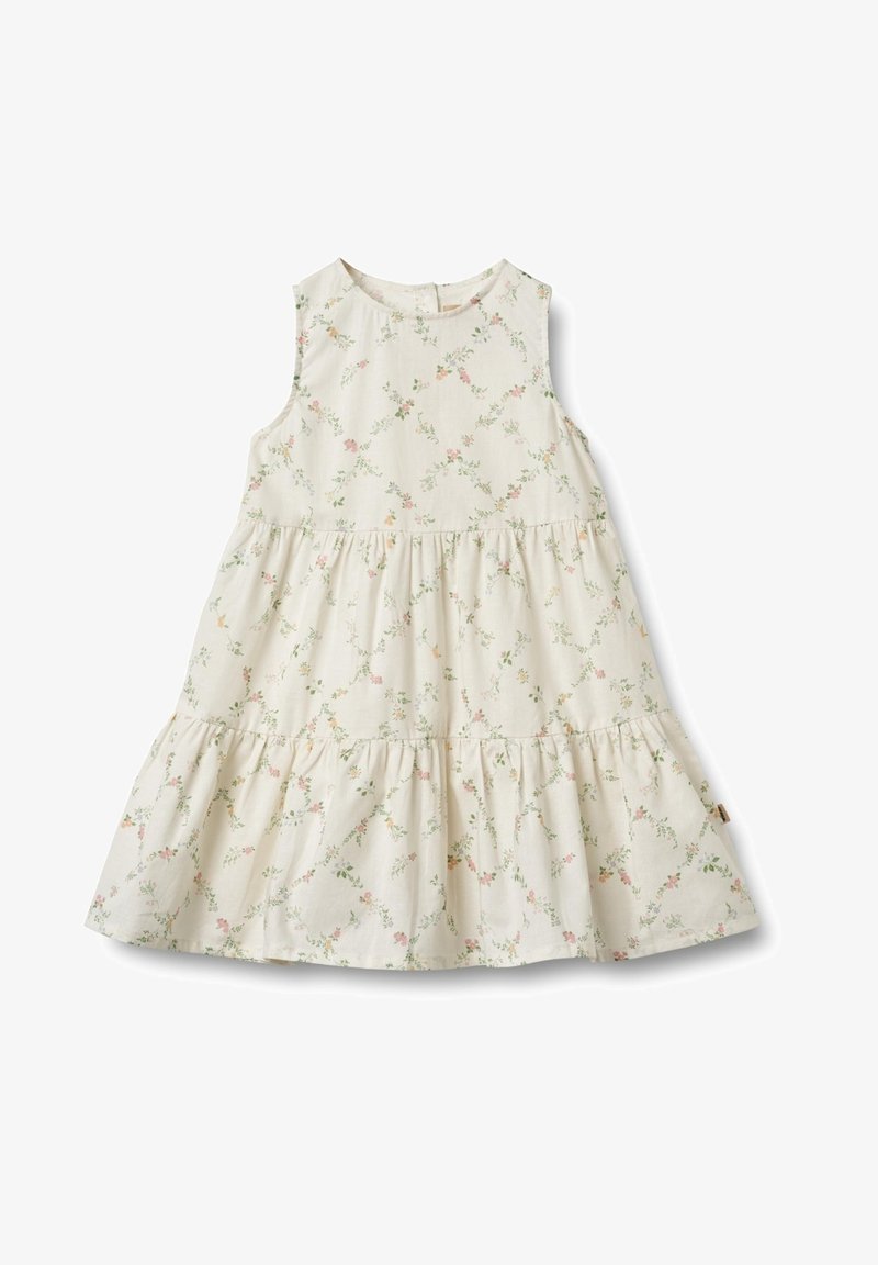 Valge kleit, millel on roosa ja rohelise lillemuster, ilma varrukateta disain, kihilised rippuvad äärised allääres ning ümar kaelus.