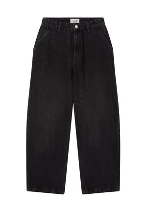 Czarne dżinsy o szerokich nogawkach z kieszeniami z przodu, szlufkami na pasek i zapięciem na guzik.