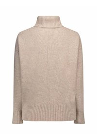 Pull à col roulé beige avec ourlet et poignets côtelés, présentant un design simple et une surface légèrement texturée. Vue de dos.
