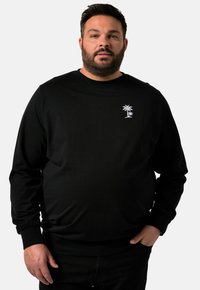 Sudadera negra de manga larga hecha de una mezcla de algodón, con un bordado de una palmera blanca en el lado izquierdo del pecho. Textura suave, corte relajado.