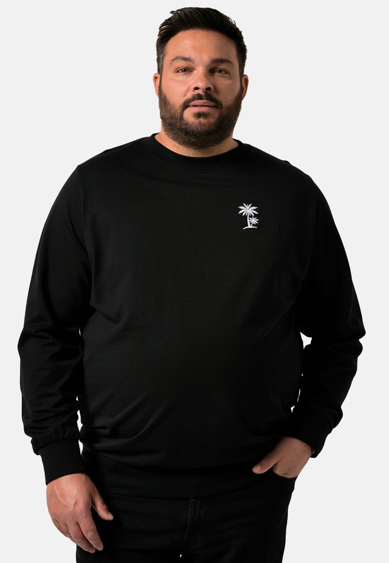 Pullover nero a maniche lunghe realizzato in tessuto misto cotone, con una palma ricamata bianca sul petto sinistro. Tessuto liscio, vestibilità comoda.