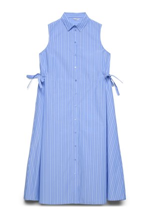 Sleeveless blue dress with white vertical stripes, button-down front, collar, and side ties at the waist for adjustment.