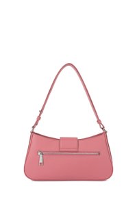 Borsa in pelle rosa con una silhouette curva, dotata di manico superiore, tasca frontale con cerniera e una finitura opaca liscia.