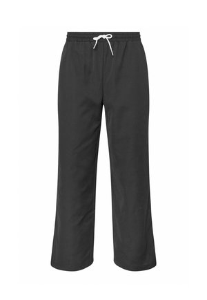 Pantalon décontracté noir avec taille élastique et cordon blanc, coupe droite, sans poches ni logos visibles.