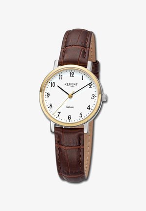 Round watch with a white dial, black numbers, gold-tone hands, and a stainless steel case; brown crocodile-pattern leather strap.