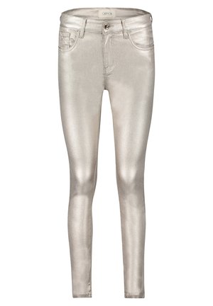Metallic-silberne Skinny Jeans mit glatter Textur, ausgestattet mit einem vorderen Knopfverschluss und fünf Taschen zur Aufbewahrung.