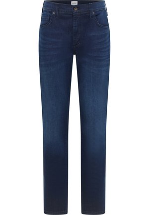 Tamsiai mėlynos spalvos džinsai iš džinso audinio su tiesiu kirpimu, penkių kišenių dizainu ir kontrastine siūle, pasižymintys lygia tekstūra ir vidutinio storio audiniu.