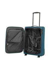 Teal koffer met een harde buitenkant, uitschuifbare handgreep en soepele wielen. Het interieur heeft een zwarte voering, een ritsvak en compressiebanden.
