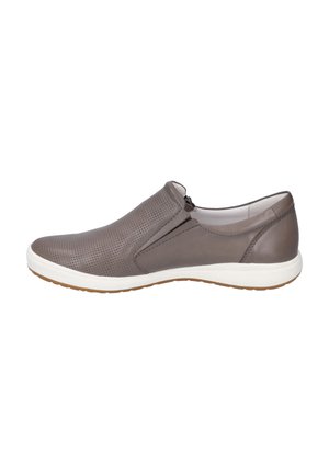 Gray leather slip-on shoe with perforated design, white midsole, and rubber outsole. Features a low profile and minimal stitching detail.