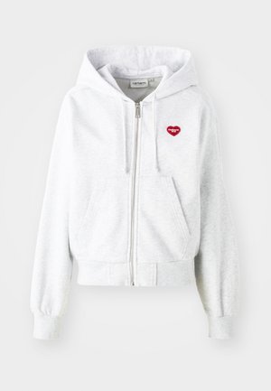 Világosszürke cipzáros kapucnis pulóver, kenguruzsebbel, bordázott mandzsettákkal és vörös szívlogóval a bal mellen. Puha pamut keverék anyag.