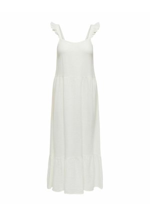 Robe midi blanche sans manches avec bretelles volantées et ourlet froncé, fabriquée en tissu léger texturé.