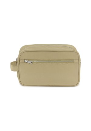 Téglalap alakú bézs pipere táska első cipzáras zsebbel, felső cipzárral és oldalsó fogantyúval, sima anyagból készült.