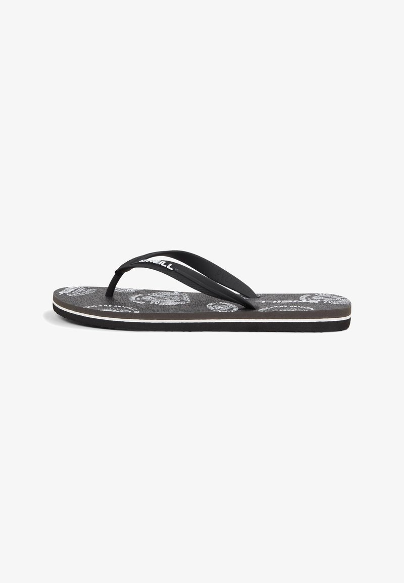 Musta flip-flop, jossa on teksturoitu pohja, valkoinen kuvio, ohuet remmit ja kerroksellinen pohja, jossa on valkoinen aksentti.