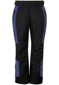 Zwarte skibroek met blauwe accenten, gemaakt van een gladde, duurzame stof. Inclusief zijzakken met rits en een comfortabele tailleband.