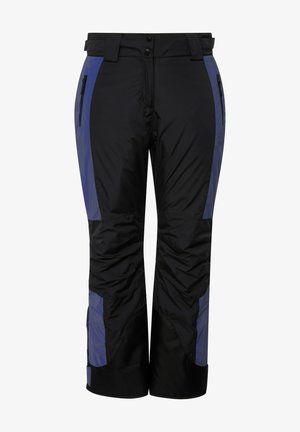 Sorte skibukser med blå detaljer, fremstillet af et glat og holdbart materiale. Inkluderer sidelommer med lynlås og en sikker talje.
