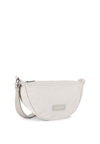 Borsa a tracolla in nylon grigio chiaro, forma semicircolare, chiusura con zip, tracolla regolabile, con un'etichetta con logo sulla parte anteriore.