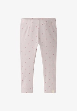 Leggings bébé rose clair côtelés avec petits motifs de cœur rose plus foncé et taille élastique.