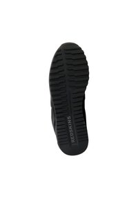 Semelle de sneaker en caoutchouc noir avec un motif de tread texturé, présentant des crêtes et un détail de logo. Bords lisses sans signes d'usure visibles.