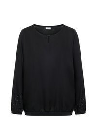 Schwarze Bluse mit langen Ärmeln, runder Ausschnitt, Knopfverschluss, elastischen Bündchen und dekorativen silbernen Nieten an den Ärmeln. Glatte Stofftextur.