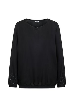 Zwarte blouse met lange mouwen, een ronde halslijn, knoopsluiting, elastische manchetten en decoratieve zilveren studs op de mouwen. Gladde stoftextuur.