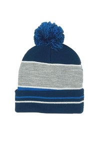 Knit beanie in navy, gray, and light blue. Features a top pom-pom and horizontal stripes with a cuffed brim. Soft texture, medium thickness.