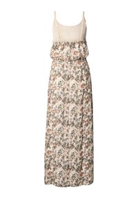 Maxikjole med en lys beige overdel, elastisk midje og blomstermønster i grønt, brunt og korall. Designet med justerbare stropper.