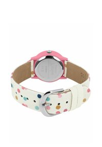 Weißes Stoffarmband mit bunten Punkte, silberner Schnalle, pinkem Gehäuse und Rückseite aus Edelstahl. Rundes Ziffernblatt, schlichtes Design, lässiger Stil.